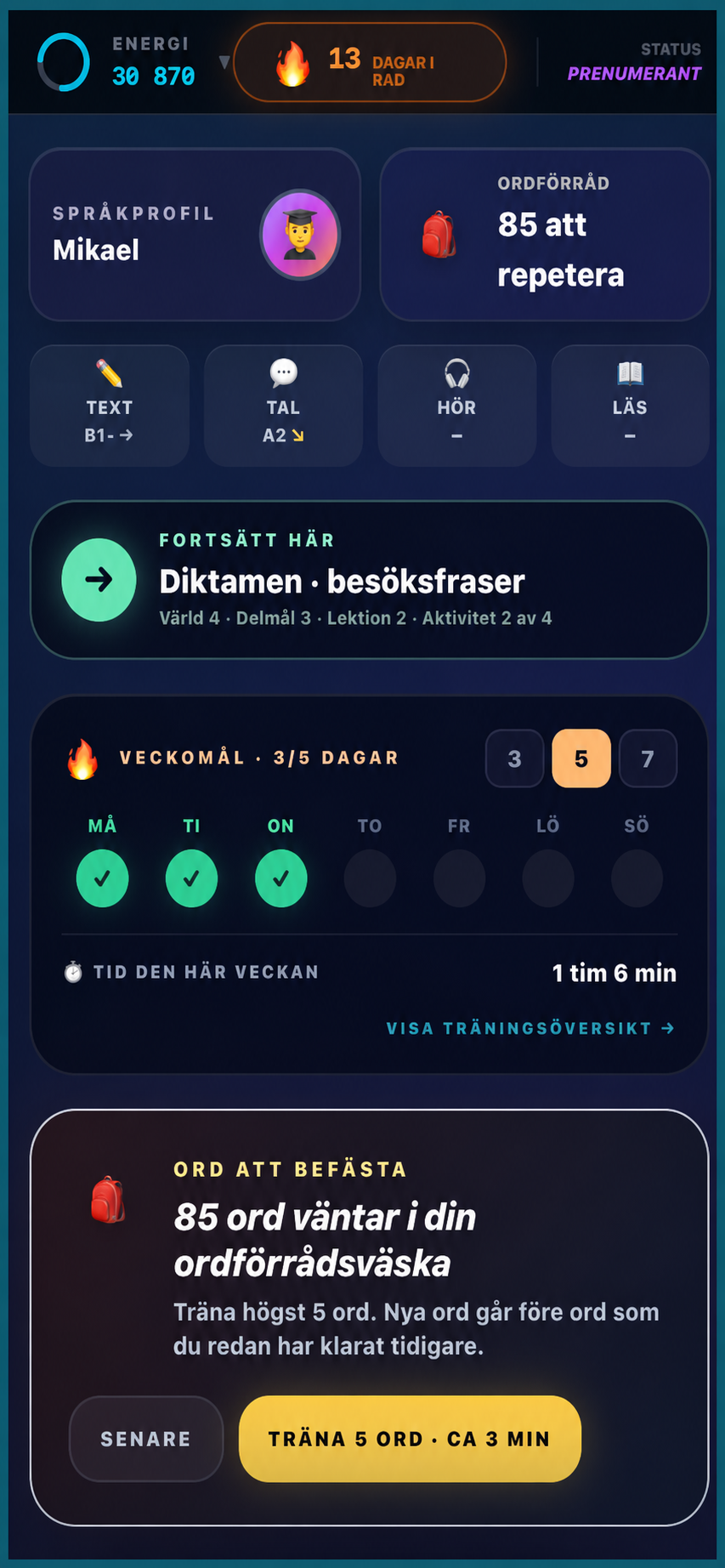 Mitt klassrum i SvenskaCoachen med språkprofil, veckomål och ord att repetera