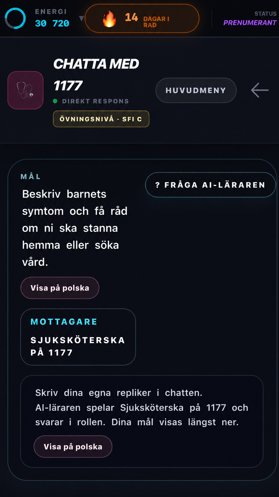 Skrivrollspel i SvenskaCoachen där eleven chattar med en sjuksköterska på 1177